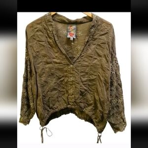 Johnny Was Embroidered Top L Martini Olive Green Boho Hippie Timeless NEW NWT